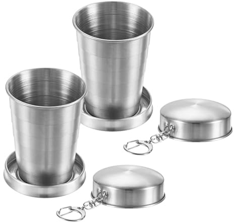 M METERXITY 2 Pack Stainless Steel Collapsible Travel Cup, 2.4oz(70ml) Reusable Collapsible Metal Cup Portable Foldable Water Bottle with Lid and Keychain for Travel/Camping/Hiking