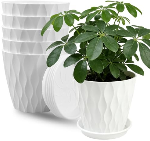 TEYIAN 6 Pack Plastic Plant Pots 15cm/6-in Flower Pots with Drainage Holes and Tray Modern Decorative Planter Pot Indoor Outdoor Planters for All House Plants(White)