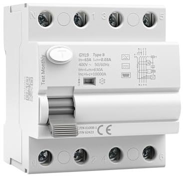 Disjoncteur différentiel 30mA Type B interrupteur différentiel 63A 30mA 3P+N 10kA RCCB disjoncteurs de courant résiduel AC400V convient aux stations de recharge et aux équipements industriels GYL9