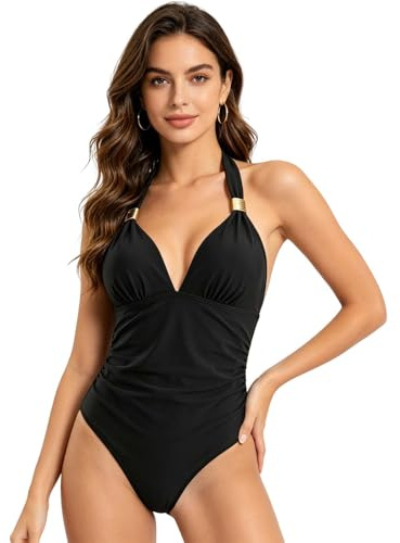 Ziyonix Tummy Control Swimsuits, Swimming Costume Women Tummy Control Swimsuit Halter Neck tummy Swimsuit for Women One Piece Bathing Suit Push Up Slimming Swimwear (UK, Alpha, M, Regular, Regular)