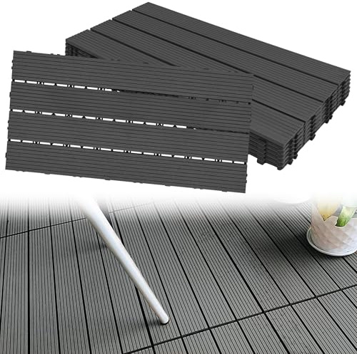 Suusolny 6er Set WPC Terrassendielen 30x60 cm, Klick Dielen mit Holzoptik & Drainage, Wetterfeste Plastik Bodenplatten für Balkon Terrasse, Anthrazit