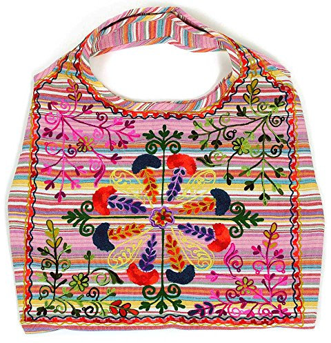 HAB & GUT -IB002- Damentasche, Schultertasche, Strandtasche, Tote Bag Nepal Hippie Indien Ethno Slouchy Boho Hobo PASTELLTÖNE ROSA bunt bestickt INDIRA