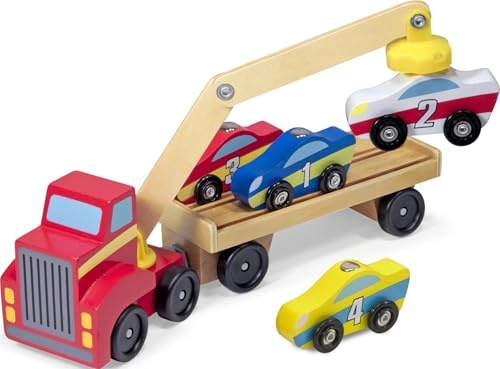 Melissa & Doug Holz-Autotransporter mit Magnetkran - Sattelschlepper aus Holz mit 4 magnetischen Holzautos zum Auf- und Abladen, für Kinder ab 3 Jahren