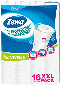 Zewa Wisch und Weg Küchenrollen Reinweiss, saugstarke Wischtücher in hellem Weiß, 1 x 16 Rollen (16 x 45 Blatt)