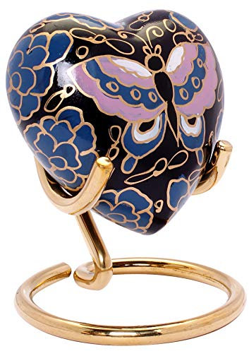 UrnsWithLove pequeña de Recuerdo Pintada a Mano para Cenizas, Mini urna Conmemorativa de corazón con Caja y Soporte (Mariposa Azul), Medium