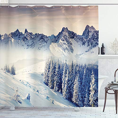 ABAKUHAUS Schwarz-Weiss Duschvorhang, Snowy-Winter-Ansicht, Stoffliches Gewebe Badezimmerdekorationsset mit Haken, 175 x 180 cm, Blau grau Weiß Grau