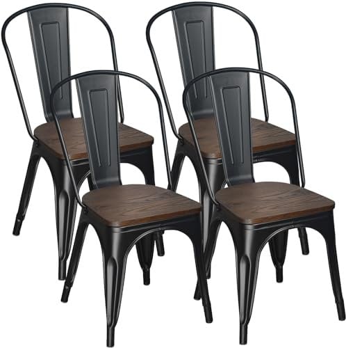 H JINHUI 4er Set Esszimmerstuhl, Stuhl aus Metall, Mit Holz-Sitzfläche und Lehne Küchenstuhl Stapelbarer,Metallstuhl für Bars, Bistros, Terassen aus Cafes, Auch für Eigenheim (Schwarz)