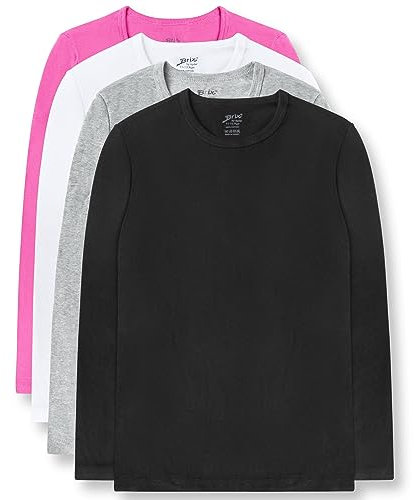 Brix Girl's Long Sleeve Shirt 4 -Pack Crew Neck Super Soft Cotton, Grey, Pink, Black, White, 11-13 Years