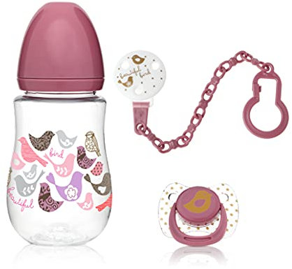 Kiokids Set Biberón, Chupete Y Pinza Rosa Regalo Recién Nacido
