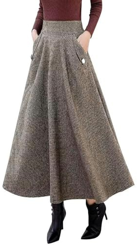 Ylingjun Warm Long Wool Skirt for Womens Winter Fall Elastic High Waisted A Line Flared Pleated Wool Skirts, Khaki, XL