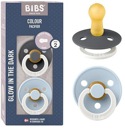 BIBS Colour Glow Schnuller 2er-Pack, BPA-frei. Leuchtet im Dunkeln, Kirschform Nippel. Naturkautschuk/Latex, Hergestellt in Dänemark. Größe 2 | 6+ Monate | 2-Pack, Iron NIGHT/Baby Blue NIGHT
