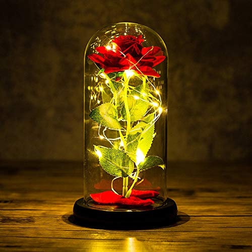 BEAUTYBIGBANG 2021 Saint Valentin Decoration Cadeau La Belle et la Bête Rose,Rose LED Verre de Lumière Artificielle Fleur Éternelle en Soie Rouge
