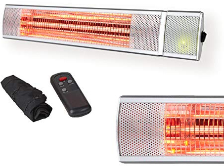 KIASA - 2000W Electric Gold Infrared Outdoor Garden Patio Heater, IR Wall or Ceiling Mount - IP55 Bathroom Heater Bar - Remote Control – (Free Cover Included) - 3 Heat Settings