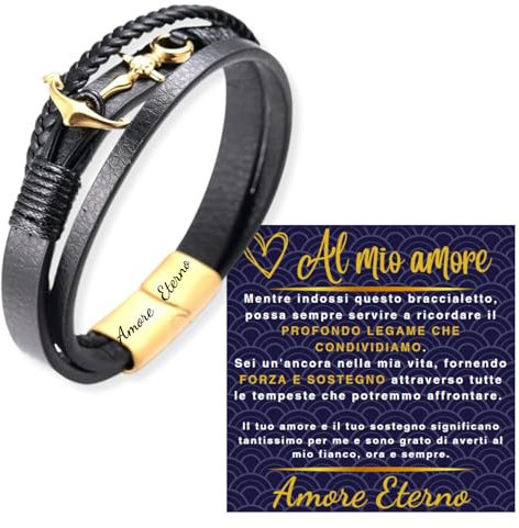 Halukakah Geschenk für Männer Geburtstag Weihnachten:24k Vergoldet Titan Anker Lederarmband 21,5cm.Amore Eterno Graviert,mit Einer Schönen Nachricht Karte und Geschenkbox,für Ehemann Vater Freund