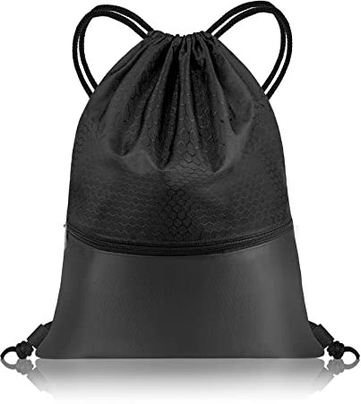 flintronic Turnbeutel, Kordelzug Sportbeutel, Gym Bag Aufbewahrungs Rucksackbeutel mit Außenreißverschluss für Fitness Schulturnhalle Reisen Schwimmen Strandurlaub Kinder Erwachsene - Schwarz