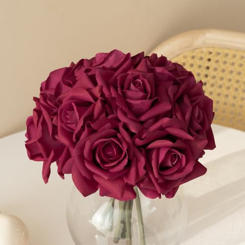 DUYONE Künstliche Rosen, einzelner Stiel, 10 Stück, künstliche Seidenblumen, Blumenstrauß, fühlt Sich echt an, für Zuhause, Party, Hochzeit, Dekoration (Rosarot)