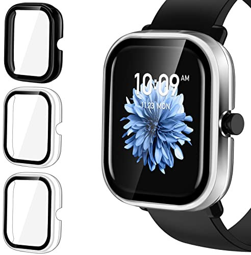 ivoler 3 Piezas Funda para Amazfit GTS 2 Mini, Protección Completa Protector de Pantalla de Cristal Vidrio Templado Duro PC Anti-arañazos Carcasa, 2 Transparente + 1 Negro