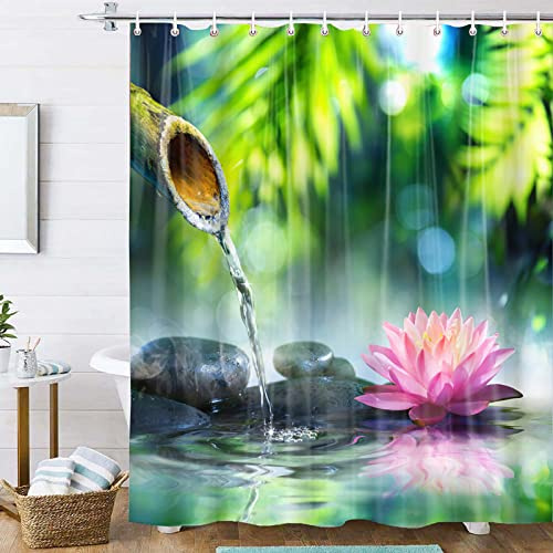OCEUMACO Duschvorhang 180x200 Zen Shower Curtains Textil Antischimmel Wasserdicht 3D Orchidee Bambus Duschvorhänge Badewanne Stoff aus Polyester Waschbar Vorhang mit Ringe - Grün Rosa