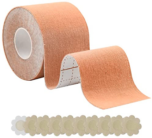 Nastro Adesivo Seno, 5M x 5cm Nastro Adesivo per Il Seno con 5 Paia Copri Capezzoli, Impermeabile e Traspirante Reggiseno Adesivo, per Sollevare il Seno per una Tutta la Coppa Reggiseno Invisibile