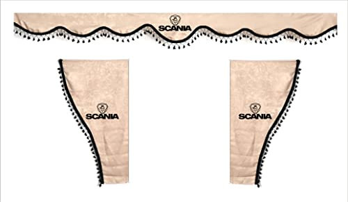 Perflex Dekorative Vorhänge für LKW mit schwarzen Pompons. SCANIA-Logo. Beige