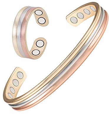 EnerMagiX Tri Tone Magnetic Copper Bracelets and Ring for Women or Men, Copper Bangles with 8 Magnets, 6.5'', Adjustable Size, Women's Day Gift for Mom, Wife