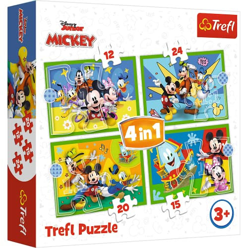 Tréfl - Mickey, Entre Amis - Puzzles 4en1, 4 Puzzles, 12 à 24 Éléments - Puzzles avec Personnages Disney, Mickey Mouse et ses Amis, Différents Degrés de Difficulté, pour Enfants à partir de 3 ans