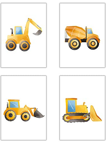 WBdesignz Posterset Kinderzimmer Junge Bilder Babyzimmer Poster 4er Set Baustelle Bagger Baufahrzeuge (DIN A4, ohne Rahmen)