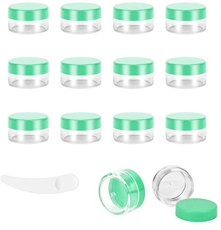 12pcs 10Gram/10ml Jars, Sample Pots, Mini Jars With Lids, Clear Round Plastic Jar With 1 Mini Spatulas For Various Cosmetic Products, Samples, Eye Shadow Lip Balm, and Nail Powder (Green)