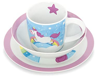 GREENBOX Set di stoviglie in porcellana per bambini, 3 pezzi, lavabile in lavastoviglie, con motivo I idee regalo per bambini, divertente stoviglie per bambini con immagine unicorno