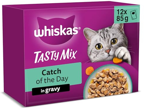 WHISKAS TASTY MIX Adult Wet Cat Food in Gravy 12x85g Catch Of The Day (Pack of 4)