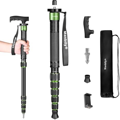 Manbily Einbeinstativ Kamera 168cm Wanderstöcke aus Aluminium Reise-Einbeinstativ Tragbar Kompakt Leicht mit Gehstockgriff, Tragetasche Belastbarkeit von 7KG für DSLR Kamera Videokamera (A-555L) Grün