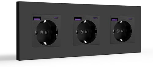 BSEED 3 Fach Schuko Steckdose USB C 20W Schnellladen, USB Steckdose unterputz mit Type C, PC Panel Steckdosen Kindersicherung, Einbausteckdose, Schwarz -228mm