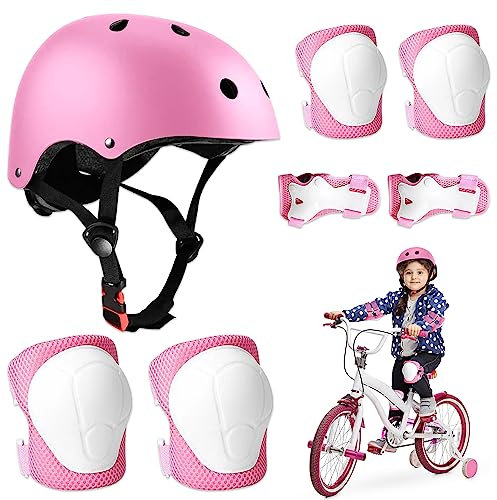 BNGXR Knieschoner Kinder mit Helm, 5 in 1 Protektorenset Kinder mit Knieschoner und Handgelenkschoner Inliner Schutzausrüstung für Fahrrad Skateboard Rollschuhe Hoverboard (Rosa)
