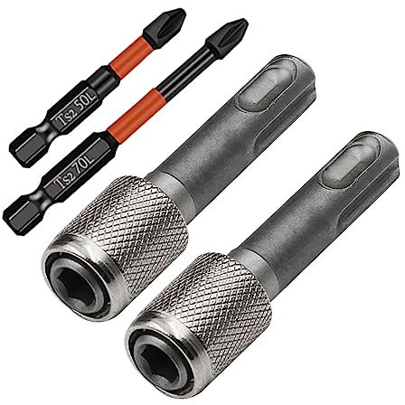 FAINCA Sechskantschaft SDS Bithalter, 2 Stück SDS Bit Adapter + 50 mm, 70 mm, Je 1 Kreuzbohrer, Stahl Adapter SDS Plus, Bohrerhalter Konverter, Rundschaft zu Sechskant Schaft Adapter für Hammer Bits