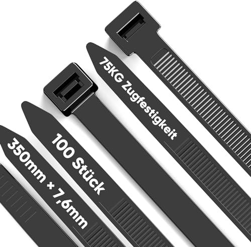 Highwings Kabelbinder Schwarz 100 Stück 350 mm × 7,6 mm, 75KG Zugfestigkeit Nylon Kabelbinder UV Beständig Halter Stark Selbsthemmend Kabelbinder für Familie, Werkstatt, Garten, Kabelmanagement