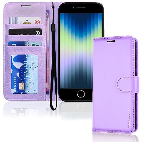 TECHGEAR iPhone SE 2022 5G / 2020, iPhone 8/7/6 Leather Wallet Case, Flip Case Cover, Card Holder, Stand, Wrist Strap - Lilac PU Leather, Magnetic Closure for iPhone SE 3 / SE 2 / iPhone 8 7 6 6s 4.7