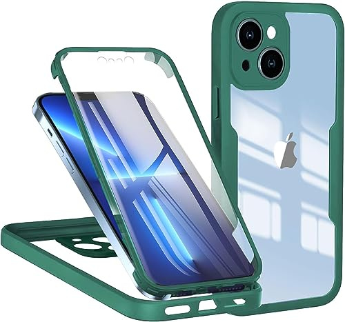 LIUKM Handyhülle für iPhone 15,Case Silikon Eingebauter Displayschutz, Stoßfester 360 Grad Ganzkörper Hartschale Keine Vergilbungen Komplett Schutzhülle beidseitig - Grün
