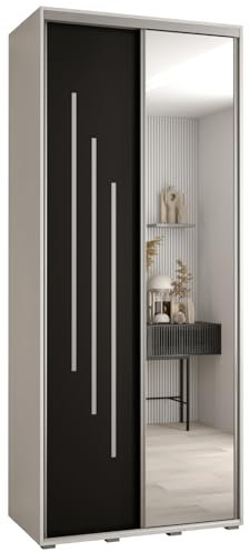 ABIKSMEBLE Davos 9 110 Armoire à Deux Portes Coulissantes pour Chambre à Coucher - Moderne Armoire de Rangement avec Miroir, Tringle et Étagères - 235,2 x 110 x 45 cm - Blanc Noir Argent