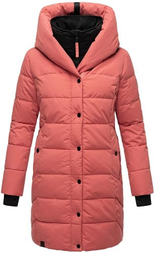 Navahoo Damen Wintermantel Warmer Steppmantel lang mit Kapuze und abnehmbarem Fleece-Kragen Knutschilein Rouge Gr. M