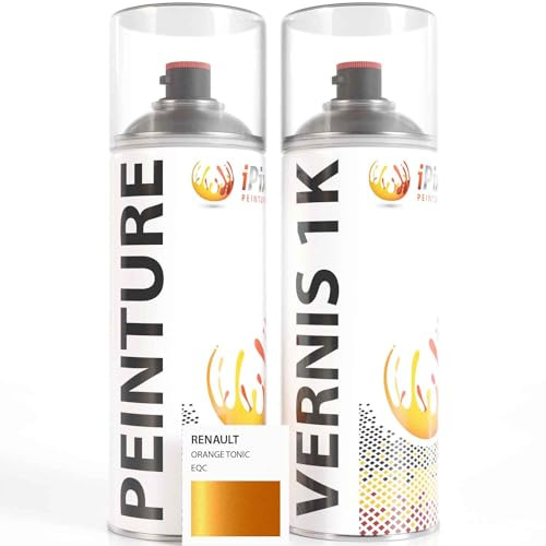 ipixline Kit Retouche Peinture Carrosserie Voiture - Bombe Aérosol Peinture Auto 400 ml, Vernis Brillant 1k 400 ml - Compatible avec Renault - Orange Tonic EQC