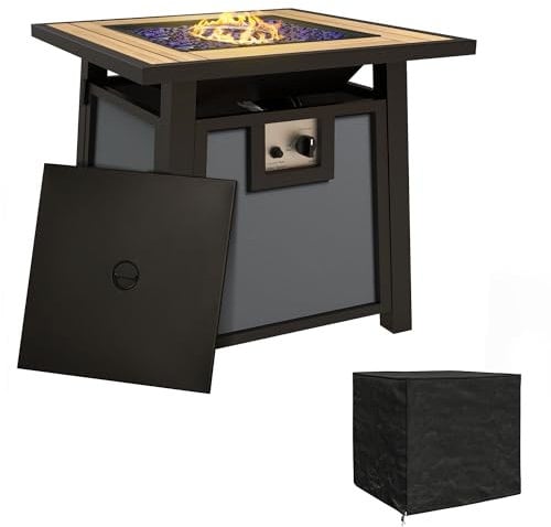 Outsunny Propane Gas Fire Pit Table, 50000 BTU Smokeless Firepit Outdoor Patio Heater with Waterproof Cover, Glass Beads and Lid, 71 x 71 x 66.5cm, Dark Grey