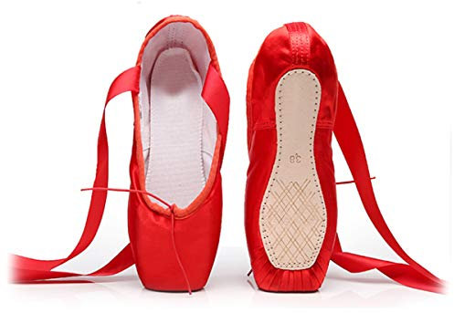 Xsclpomddy Ballett Spitzenschuhe Professionelle Ballettschläppchen Tanzschuhe mit Aufgenähten Bändern für Damen Mädchen,Red,39 EU