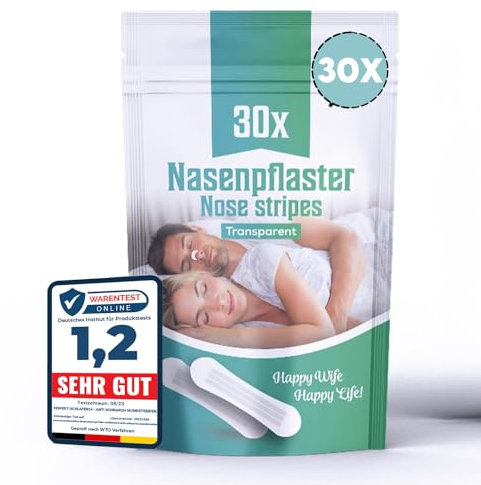Perfekt-Schlafen24® 30x Nasenpflaster gegen Schnarchen - 66x19mm - Anti Schnarch Nasenstrips - Besser schlafen ohne schnarchen & besser atmen für Sport - Snoring Nose Strips (Transparent)