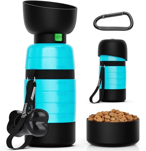 Pecute Dog Water Bottle Portable 22 oz with 5 oz Food Container, Poop Bag Holder, Portable Dog Water Bottle Dispenser, Leakproof, Lightweight, Pet Water Bottle for Dogs Outdoor Travel Walking