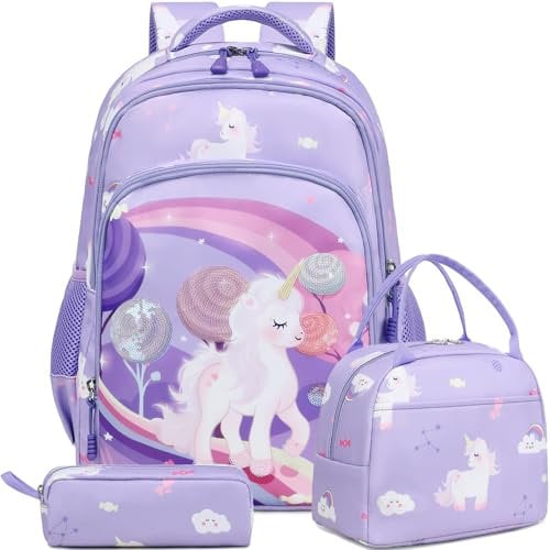 Kinder Rucksack Einhorn,Niedlich Mädchen Kinderucksack Grundschule Schulranzen Kinder Mädchen Schultaschen 3 TLG. Sets für Schule 1-3 Klasse,Reisen Wandern