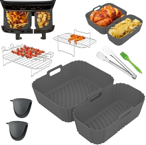 PAMATIO 8Pcs Air Fryer Accessories for Tefal EY901840 Tower T17099 Lakeland Salter Ek5729 Air Fryer, Reuseable Air Fryer Silicone Liners for Large&Small Dual Drawer Air Fryer W/Rack(5.2L/3.1L Grey)