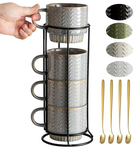 Miamolo Coffee Mugs Set of 4 with Spoons & Stand, Stackable Espresso Cups 13oz Coffee Mug for Drinks Latte Cappuccino Tea, Coffee Cup for Women Men Couples Housewarming Birthday Gift, Dishwasher Safe