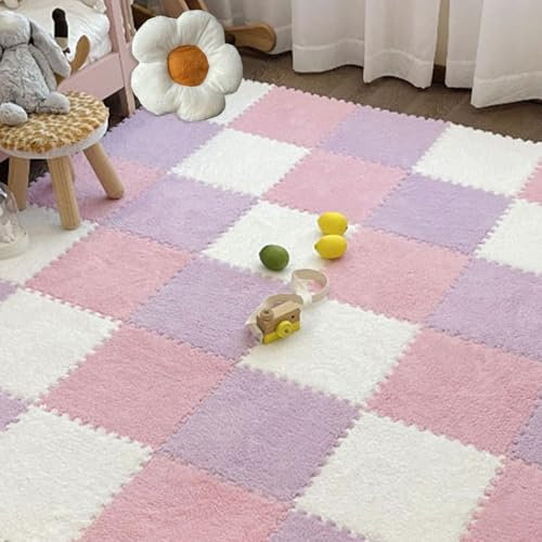 24-teiliges Plüsch-Puzzle-Bodenmatten-Teppich, Ineinander Greifende Teppichfliesen, Quadrate, Schaumstoff-Teppichfliesen, Übung, Flauschige Spielmatte, 30 X 30 cm(Size:0.23 inch,Color:Rosa+Lila+Weiß)