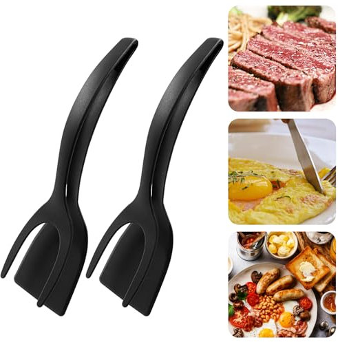 Waziaqoc 2 Pack 2 in 1 Grip and Flip Spatula Tongs, Multi-purpose Fried Egg Double Spatula, Non-Stick Toast Omelet Making Kitchen Shovel for Flipper Egg Tong Pancake Fish French, Black