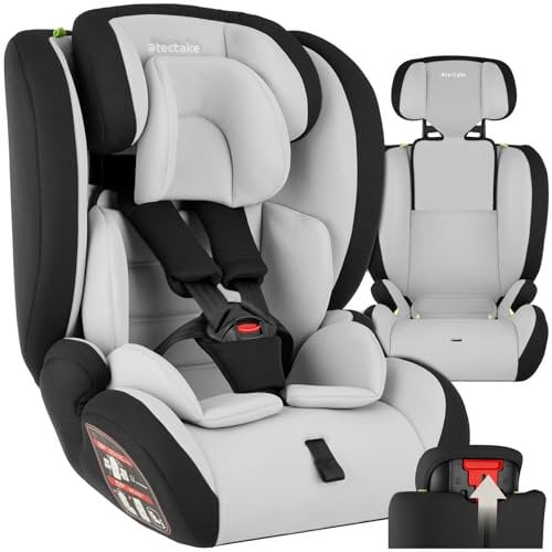 tectake® Kindersitz und Sitzerhöhung, Autositz für Kinder von 76-150 cm, bis 36 kg, 5-Punkt Sicherheitsgurt, Kindersitzerhöhung durch herausnehmbare Sitzschale, ECE R129/03 i-Size - hellgrau/schwarz